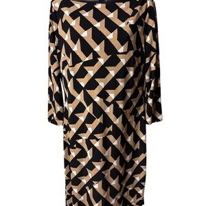 Chaus Black and Tan Abstract Long Sleeve Dress